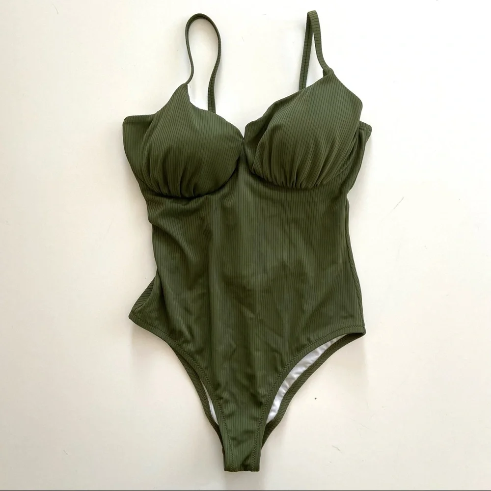 Shade & Shore Palm Olive Green Ribbed Cheeky One-Piece Swimsuit